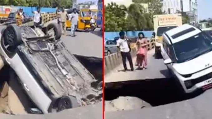 Video: కుంగిన రోడ్డు.. గుంతలో కారు బోల్తా – general